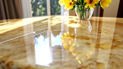 Sunflowers in a Glass Vase on a Marble Table: A Bright and Cheerful Interior Scene - Powered by Adobe