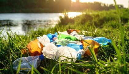 Plastic Bottles Littering Grass by River During Golden Hour Light