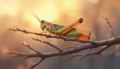 Vibrant grasshopper rests on tree branch during warm sunset. Detailed macro illustration insect colorful body, intricate wings, textured environment with soft bokeh background. Perfect for nature,