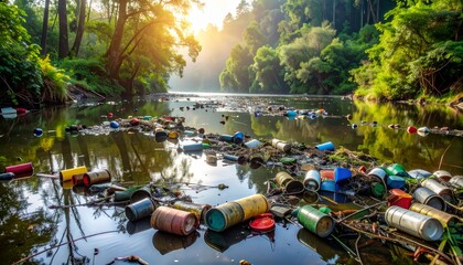 Pollution in Nature: Plastic Waste Accumulation in Scenic River Landscape