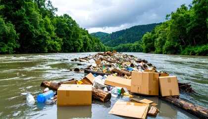 Pollution in River with Trash and Debris Amidst Green Landscape