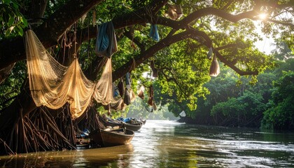 Tranquil Mangrove Scene with Fishing Nets and Boats at Riverbank