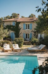 Stone holiday home in Provence with bright blue shutters and terracotta roof. Private swimming pool with sun loungers set in rich garden. Perfect for summer vacation rentals and luxury travel escapes.