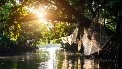 Serene Mangrove Landscape at Sunrise with Fishing Nets Hanging