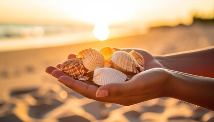 Hands holding seashells on a beach at sunset, golden hour light