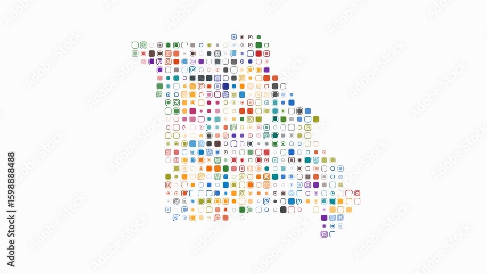 Poster missouri dotted animation. shape of the state build of pulsating colored dots. large size rounded sq