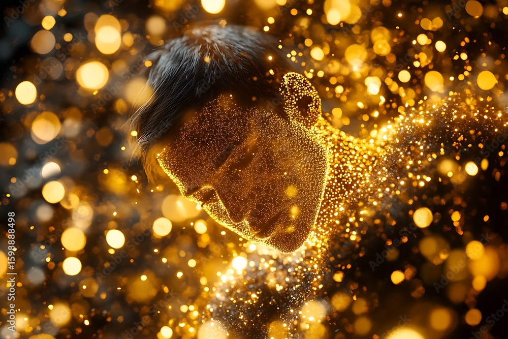 Poster abstract person shining with golden particles and bokeh lights effect