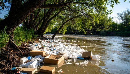 Pollution by Riverbank: Waste Debris on Water Surface Near Trees