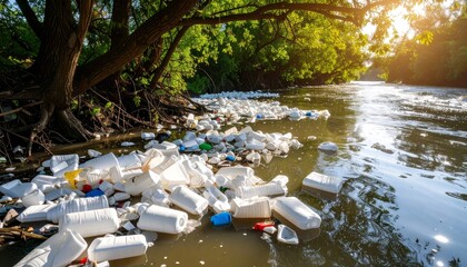 Pollution in River with Plastic Waste and Lush Green Surroundings