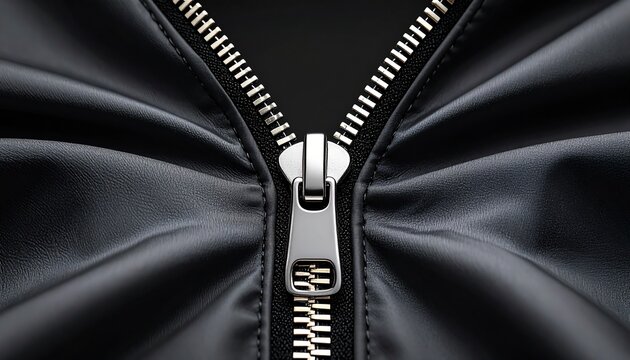 Close-up of a silver zipper on a black garment, creating a sleek design.