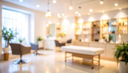 Fototapeta premium Blurred beauty salon interior with chairs, bed, and products display.