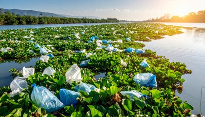 Littered Waterway with Plastic Bags and Water Lilies at Sunrise