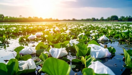 Littered Waterway Surrounded by Lily Pads Under Golden Sunset