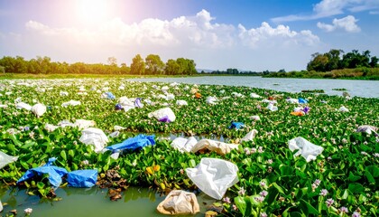 Pollution in Nature: Plastic Waste Amid Water Lilies and Sunlight