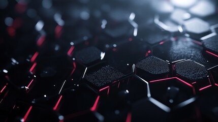 Obraz premium Abstract dark background with hexagon pattern and red neon light for technology concept
