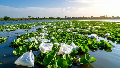 Water Plants Surrounded by Plastic Bags under Bright Blue Sky