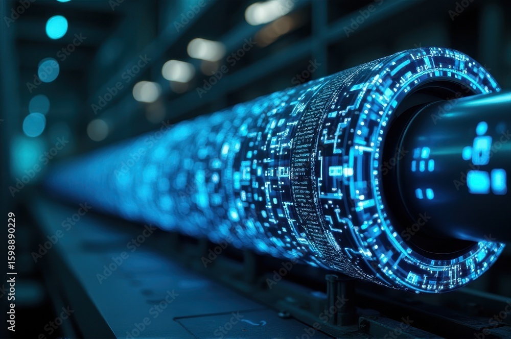 Poster futuristic digital pipeline glowing with blue circuit patterns, symbolizing advanced technology and 