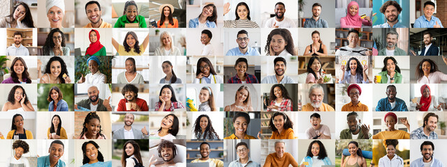 A vibrant collage showcases diverse individuals smiling and expressing happiness. Each portrait...