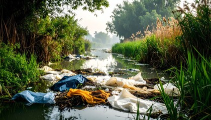 Pollution of a River with Plastic Waste and Natural Surroundings