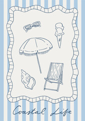 Beach vacation essentials in coastal life poster. Coastal summer poster in whimsical Mediterranean style. Whimsy fun line art sea card. Coquette hand drawn summer poster design. Italian vacation