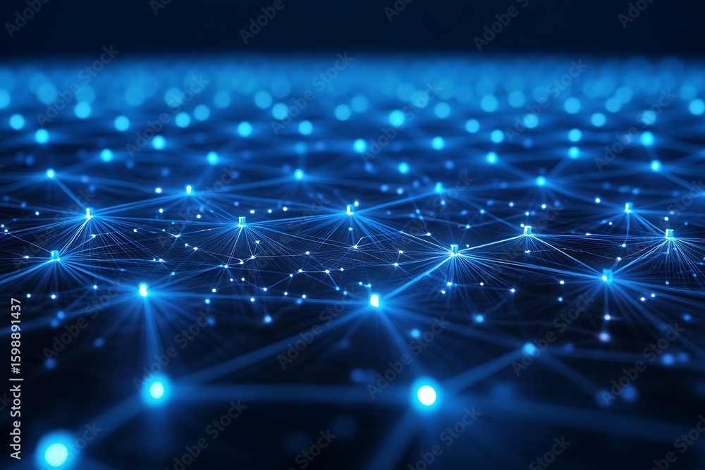 Poster exploring glowing blue network nodes and lines for modern technology visuals
