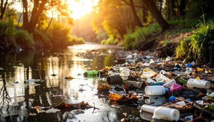 Pollution in Nature Amidst Sunrise by Stream with Plastic Waste