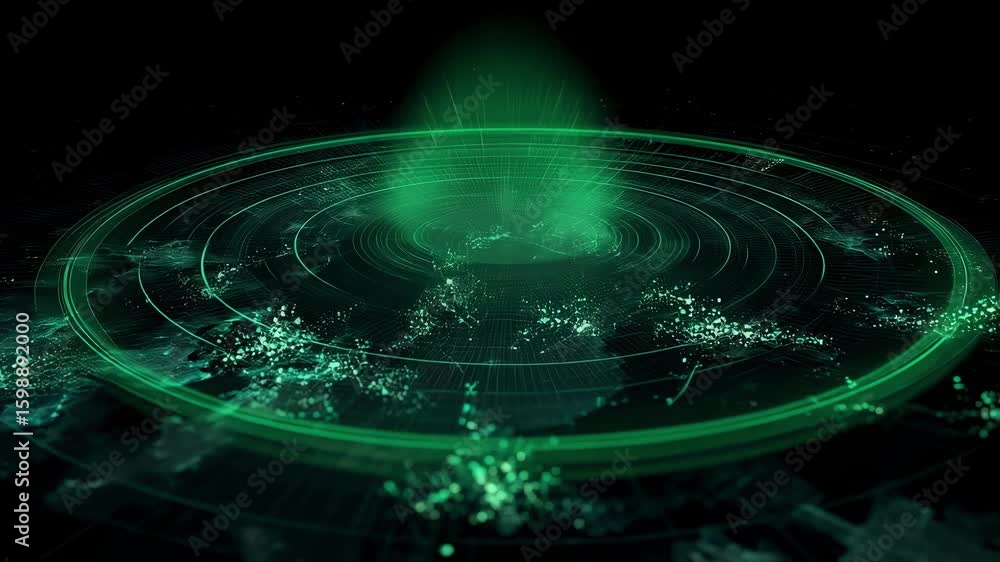 Poster the digital display features a dynamic radar interface with a dark background contrasted by a vibran