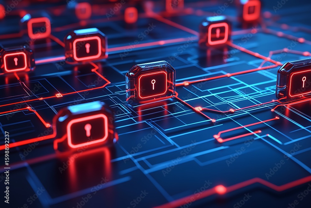 Poster cybersecurity network with glowing key lock icons for digital protection