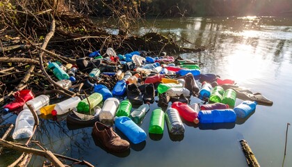 Plastic Waste Accumulation in River with Sunlight Reflection