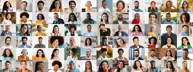 A vibrant collage features a diverse group of happy individuals. Each portrait showcases their...