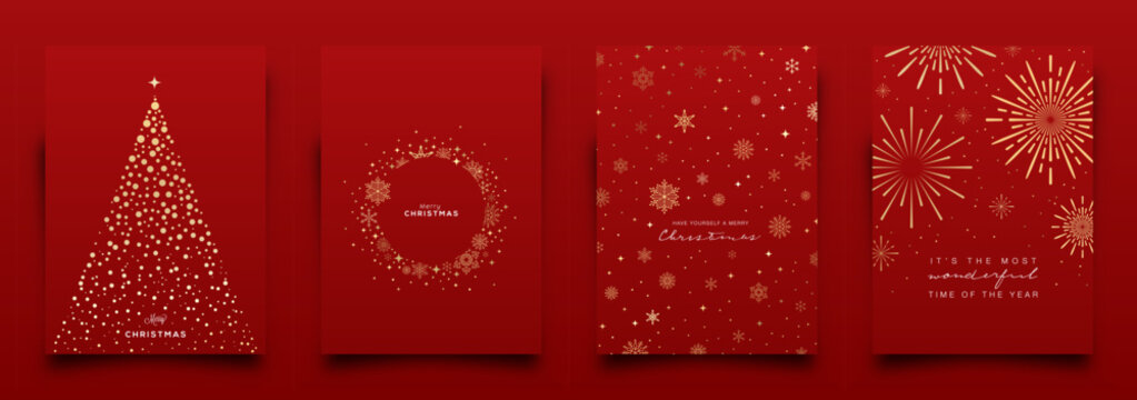 Holiday Greeting Card designs. Elegant gold Christmas elements and icons including reindeer, pine trees, snowflakes, stars... Vector Illustration.