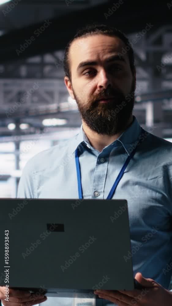Poster vertical video data center manager showcasing ai technology, filming presentation video for audience