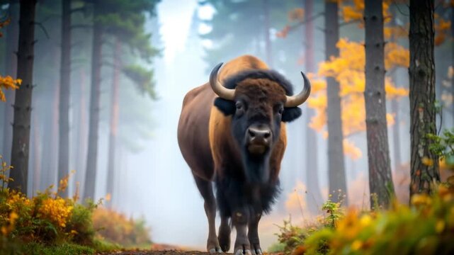 A bison with a long horn is standing in a forest with trees in the background. 4k video