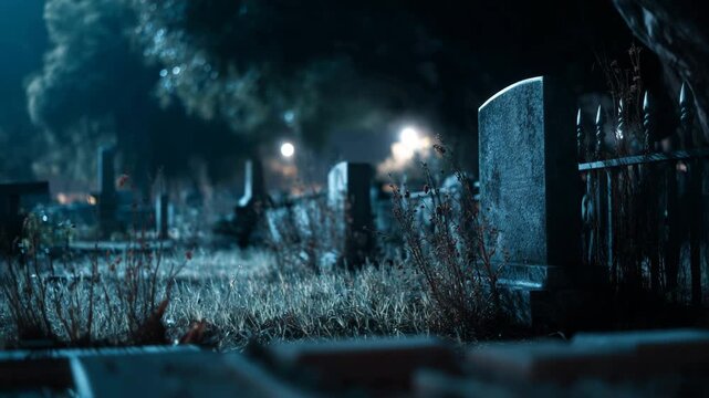 Cinematic shot of an eerie, overgrown cemetery at night