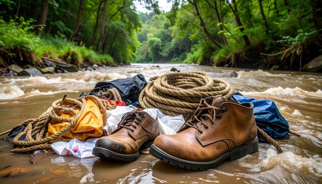 Adventure Footwear by the River with Rope and Outdoor Gear