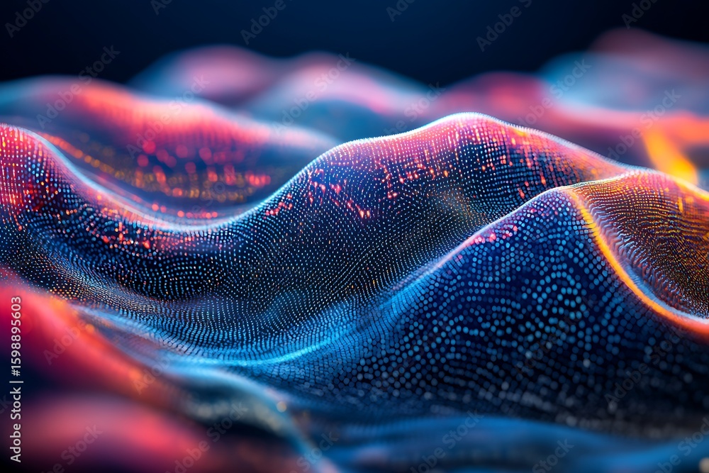 Poster abstract wavy surface with glowing dots digital technology background