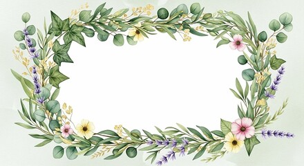 Fototapeta premium Floral frame featuring various green leaves, lavender, and small pink and yellow flowers arranged around a central white rectangular space.