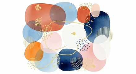 Abstract design with overlapping, colorful, organic shapes and gold accents.