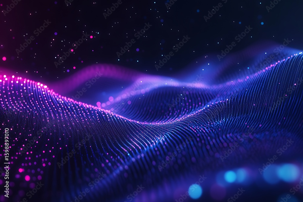 Poster abstract technology wave with glowing dots and particles in dark environment