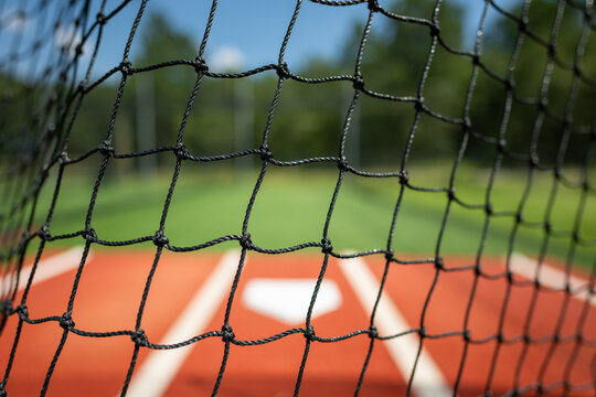 Bright afternoon at the sports field with a close view of the netting around the Batting cage