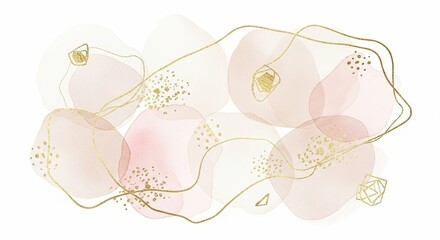 Abstract watercolor illustration with soft pink and beige circles, gold accents, and a delicate, flowing golden line on a white background.
