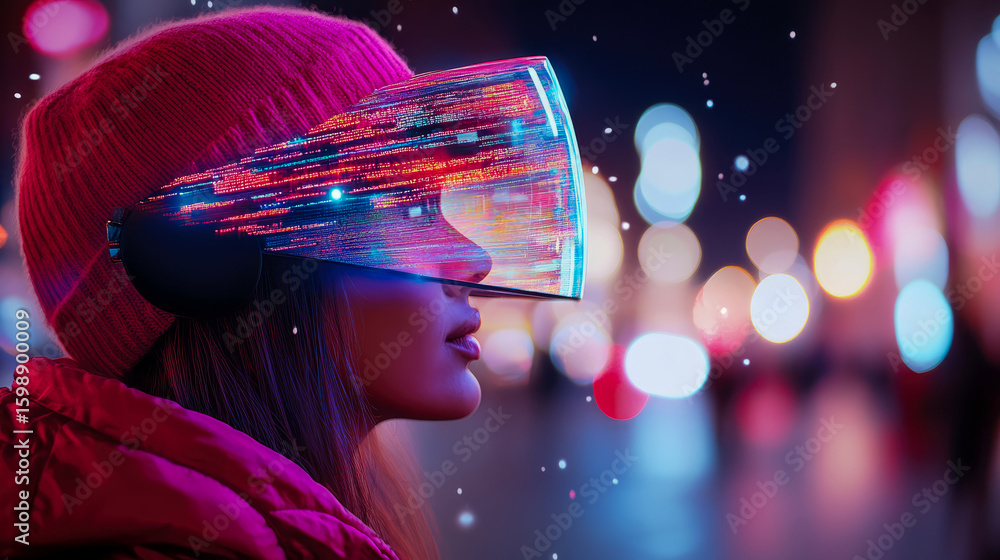 Poster futuristic cyberpunk portrait with augmented reality interface