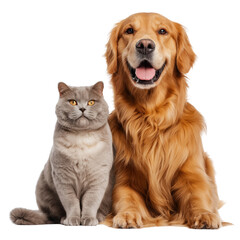 Fototapeta premium Gray British Shorthair cat and golden retriever dog sitting together isolated on a transparent background