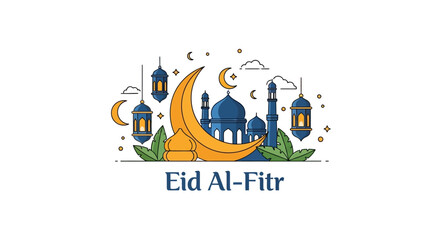 Fototapeta premium Festive Eid Al-Fitr Vector Illustration with Mosque and Crescent Moon