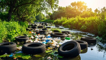 Pollution in Nature with Tires and Waste in a Slow-Flowing River