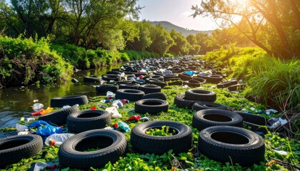 Pollution Crisis with Discarded Tires and Trash in a Scenic River