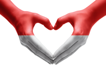 Hands forming heart shape with Indonesian flag colors symbolizing love for Indonesia, patriotism, and national pride