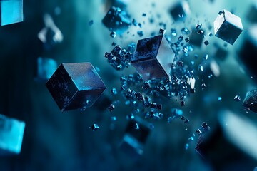 Floating Blue Cubes Abstract Arrangement with Metallic Texture and Depth of Field