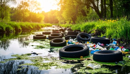 Pollution in Nature: Tires and Trash Littering a Serene River Scene