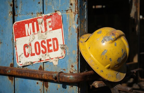 Close-up of weathered yellow hard hat near peeling blue metal door with MINE CLOSED sign. Rusty pipe, distressed surfaces convey sense of abandonment, danger, industrial decay, safety protocols, site